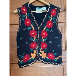 Vintage Erika Hand Knit Christmas Poinsettia Sweater Vest Black Rickrack Medium
